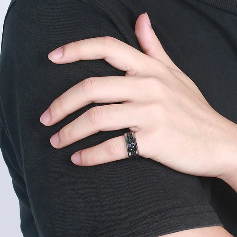 XUANPAI Blue Carbon Fiber Men Rings Tungsten Carbide Engagement Band Comfort Fit 8mm Anel Jewelry For Male | Украшения и
