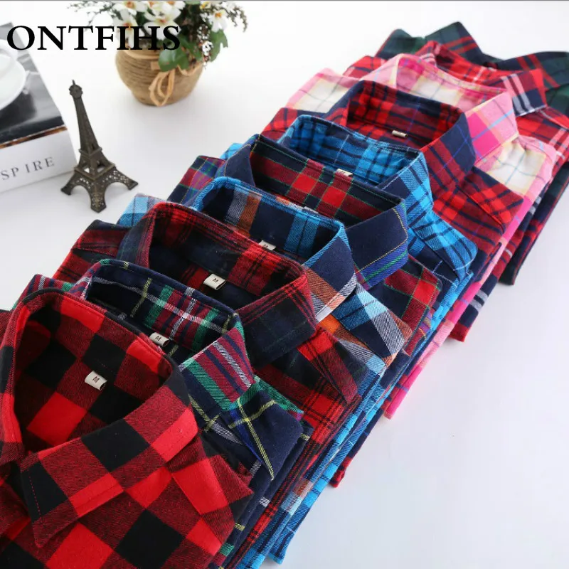 Плед хлопковая блуза Для женщин Повседневное Блузка с длинными рукавами