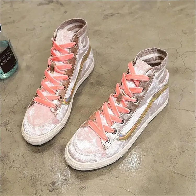 Женские холщовые кроссовки со шнуровкой розовые или Серебристые на высокой