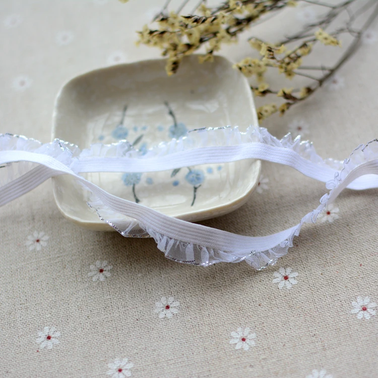 1 м эластичная плиссированная Серебряная Тюлевая кружевная лента