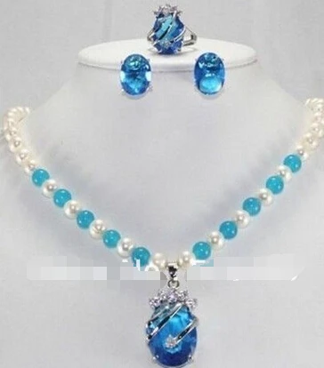 free shipping Charming! 7-8mm White Akoya Cultured Pearl&Blue Necklace Earring Украшения и аксессуары