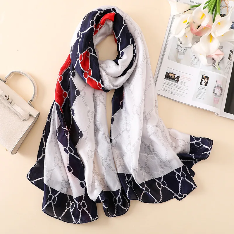 Клетчатая цепь шелковая шаль шарф с модным цифровым принтом Echarpe Foulard Femme Пашмина
