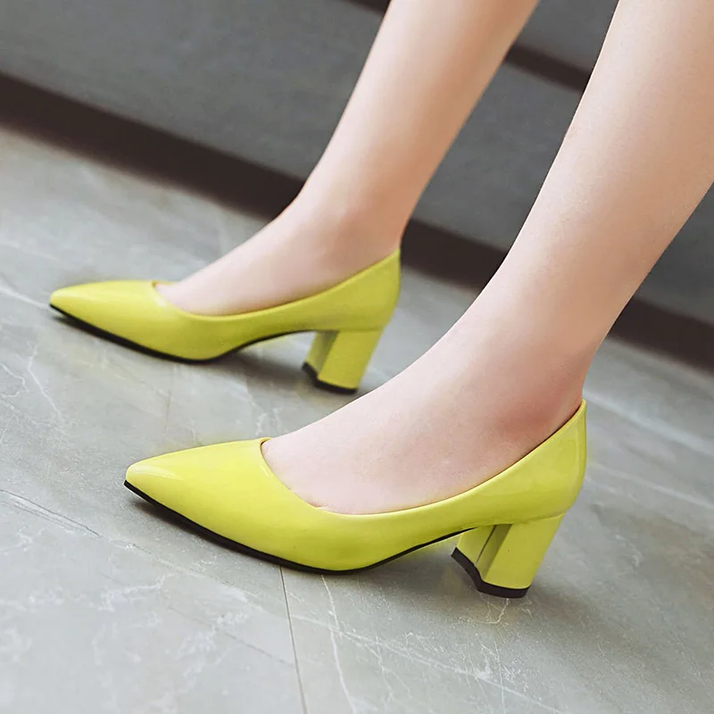 

WETKISS Thick High Heels Women Pumps Pointed Toe Footwear Shallow Female Shoes Office Patent Pu Shoes Woman 2019 Spring New