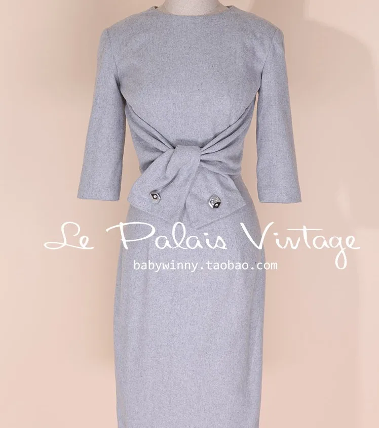 

Le Palais Vintage Elegant Retro Women Spring Autumn Dress Black Bow O Neck Pencil Sheath Midi Dress