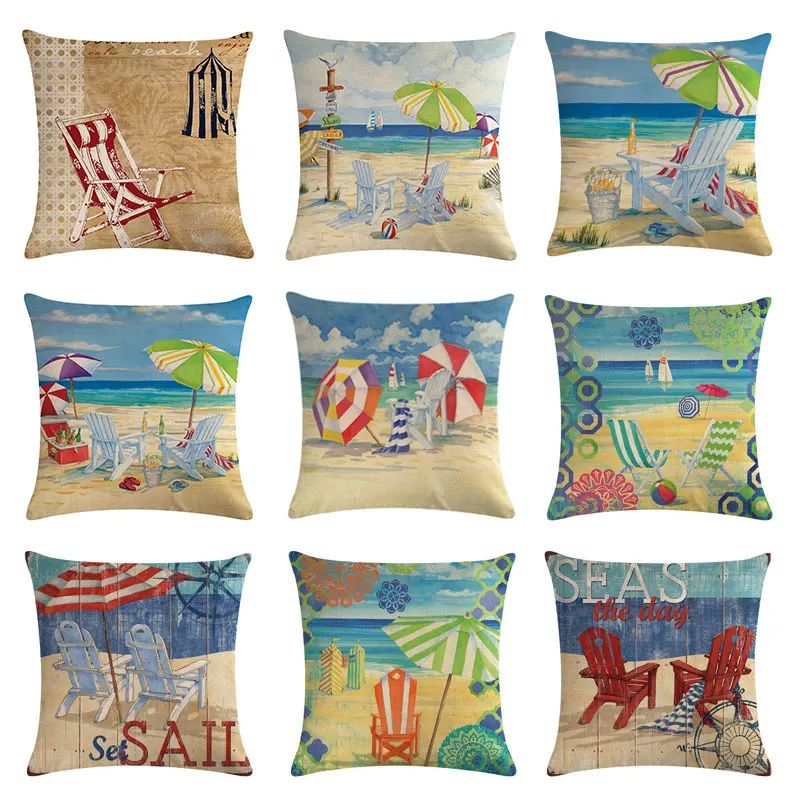 

Beach Cushion Cover Cotton linen Summer Sea Landscape Throw Pillows Case Coastal Pillowcase Nautical Pillow Covers 45x45cm