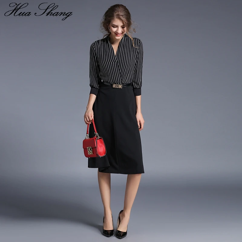 2017 осеннее женское платье в полоску с v образным вырезом рукав три четверти