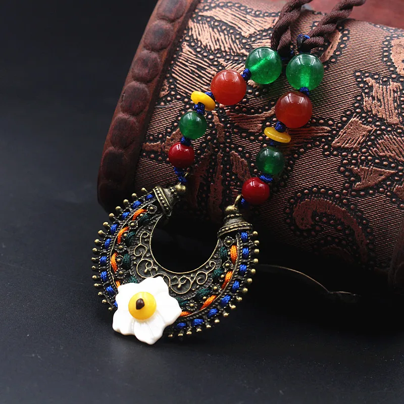 Yanting Peace Buckle Choker Necklace For Women Ethnic Hand Knitted Short Pendant Vintage Jewelry Shell Flower 0134 | Украшения и