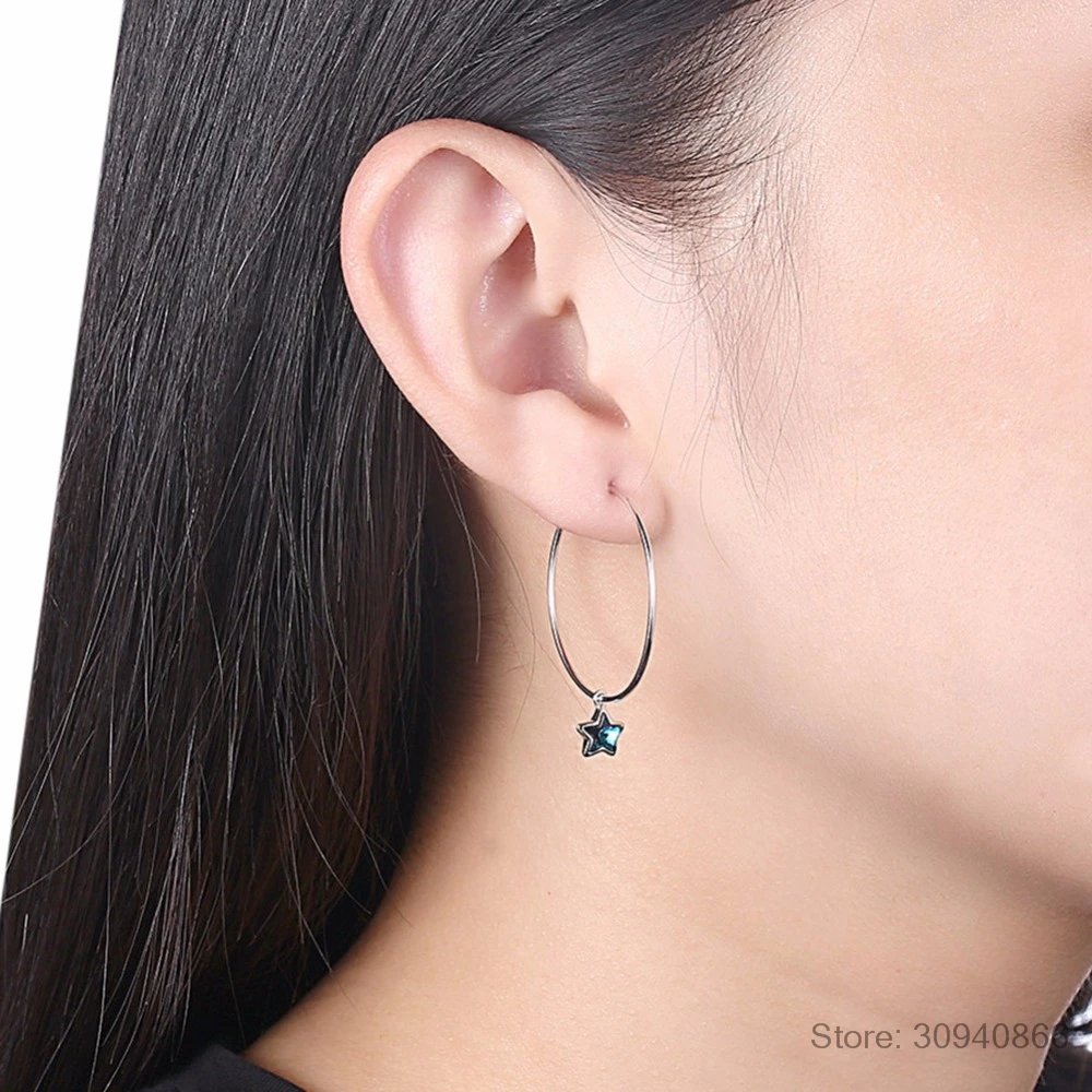 Real 925 Sterling Silver LEKANI Crystals Star Hoop Earrings for Women Girls Fine Jewelry Romantic Girl Fashion | Украшения и