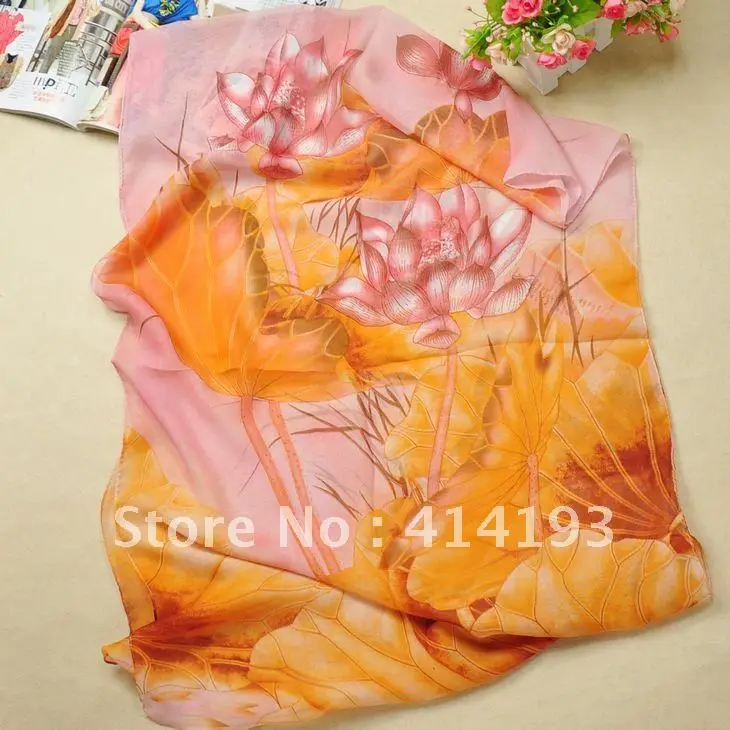 160x50cm 3 Colors Silky Chiffon Good Quality Fresh Lotus Pattern Elegant and Fashion Women's Scraf Free Shipping 2PY16 | Аксессуары
