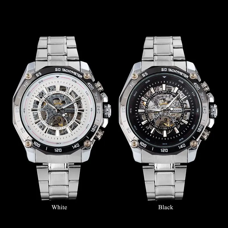 Часы наручные WINNER Мужские механические модные брендовые Роскошные серебристые с