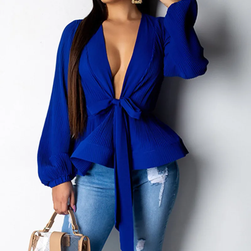 

New Deep V Neck Solid Bow Knot Blouse Women Lantern Sleeve Casual Shirts Petal Down Swing OL Upper Garment Loose Tops S-XL