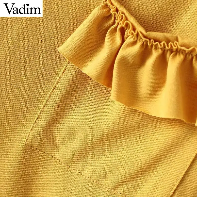 Vadim women sweet ruffles solid T shirt pocket short sleeve o neck tees ladies summer casual chic tops camiseta DT1341 | Женская одежда