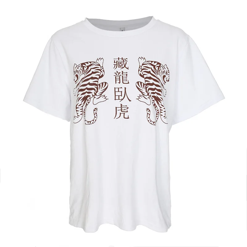 Tops Hot Tees Tiger Print Cotton T-shirt Women shirt Crouching Hidden Dragon Short Sleeve O-neck Casual Girls Top Shirt | Женская одежда