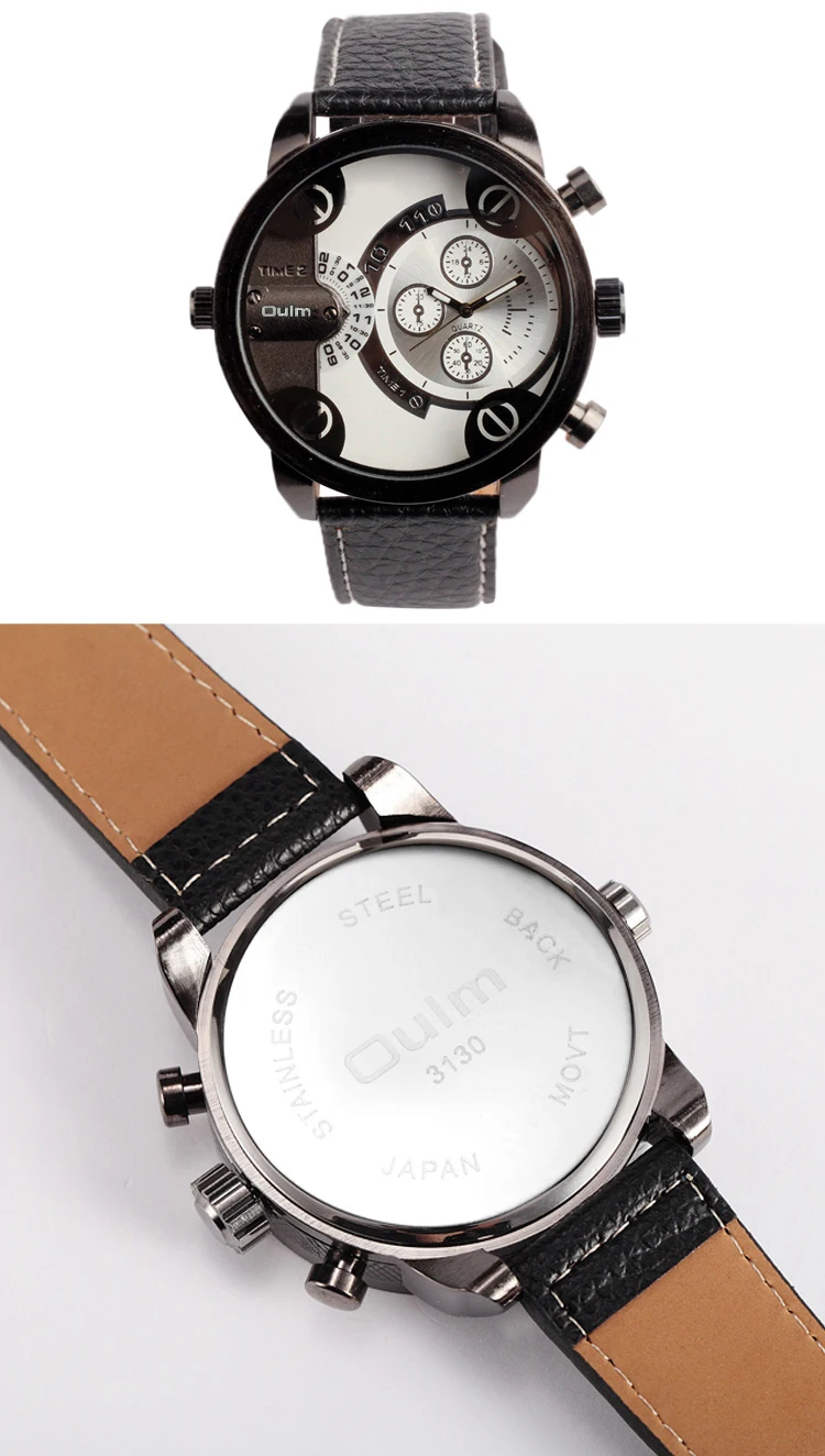 OULM Мужские повседневные военные кварцевые часы с кожаным ремешком большой