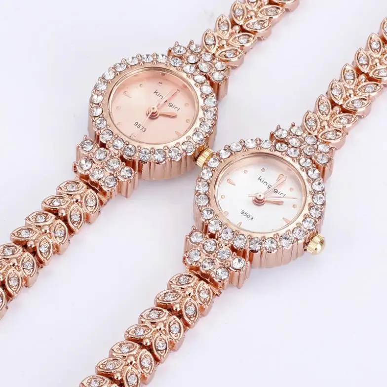 King Girl royal rose gold bracelet watch women top brand unique full crystal diamonds for ladies quartz round free shipping | Наручные