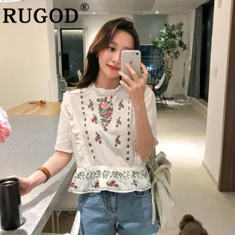 Женская блузка с цветочной вышивкой RUGOD Повседневная Блузка круглым вырезом в