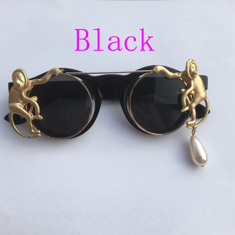 BLACK Популярные Модные Винтажные Солнцезащитные очки с золотой обезьянкой в стиле барокко, солнцезащитные очки для пляжа, солнцезащитные очки с металлической жемчужной цепочкой для женщин - Цвет линз: BLACK