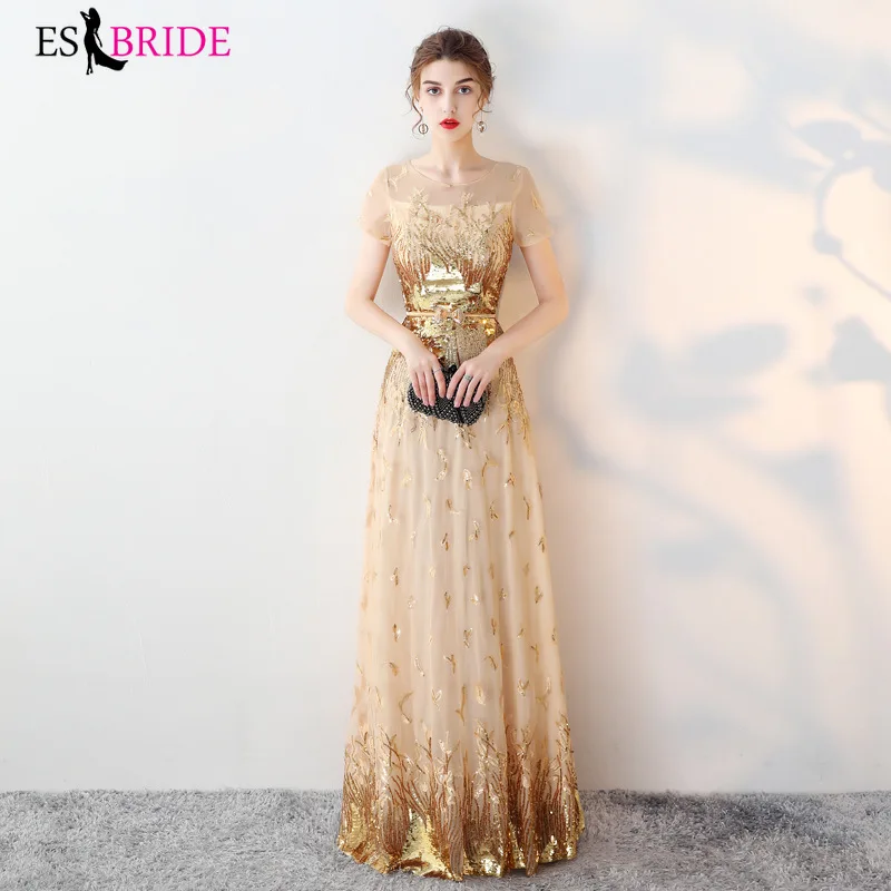 Роскошное платье с золотым принтом; Robe De Soiree; кружевное длинное вечернее платье с короткими рукавами и аппликацией; вечерние платья для особых случаев; ES1399