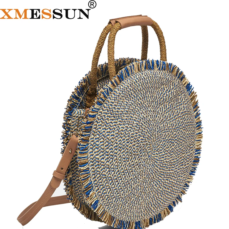Женская круглая плетеная Сумка XMESSUN Соломенная пляжная сумка-тоут на плечо с