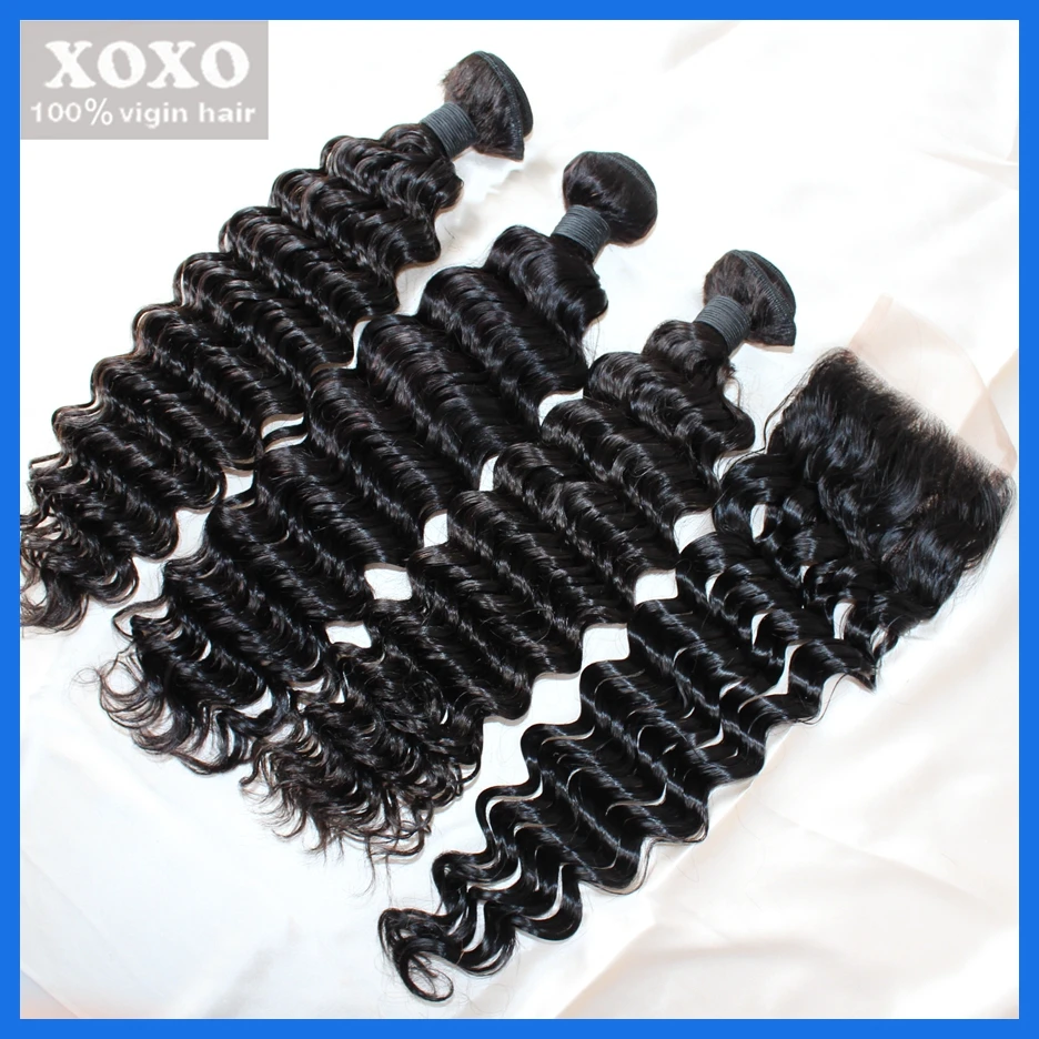 Малайзийские Девственные пучки Волосков глубокая волна с Закрытием