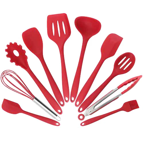 10PCS set Красная кухонная утварь 5 или 6 или 10 шт. Жаростойкие силиконовые кухонные инструменты для приготовления пищи приспособления для выпечки лопатка ложка набор - Цвет: 10PCS set