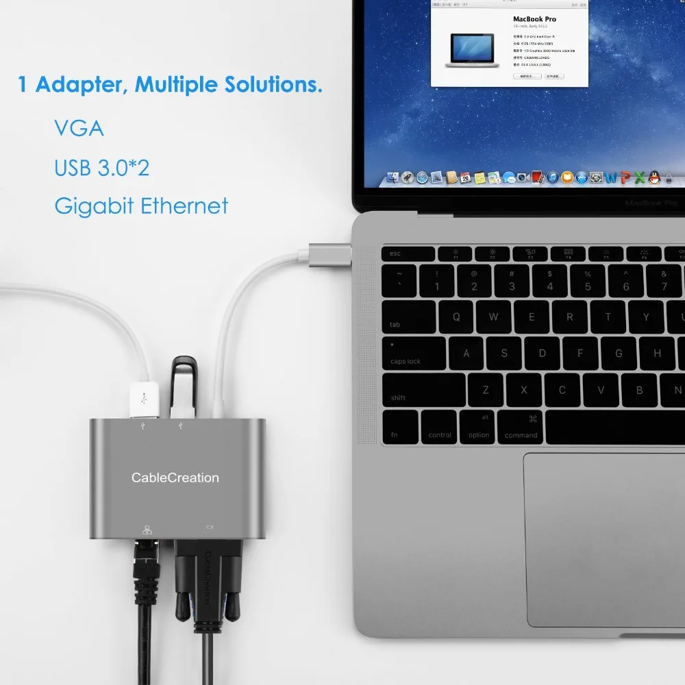 Адаптер с USB C на VGA Type (совместим Thunderbolt 3) Ethernet + 3 0x2 мультипорта совместимый MacBook Pro
