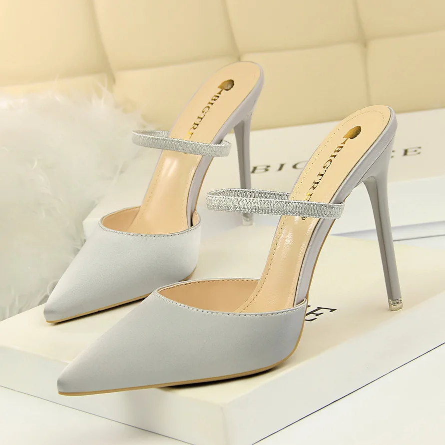 

2019 Spring Women Sandals Solid Silk Pointed Toe High Heels Sandals Women Shoes Comfort Elastic Shallow Shoes Women Sandalias