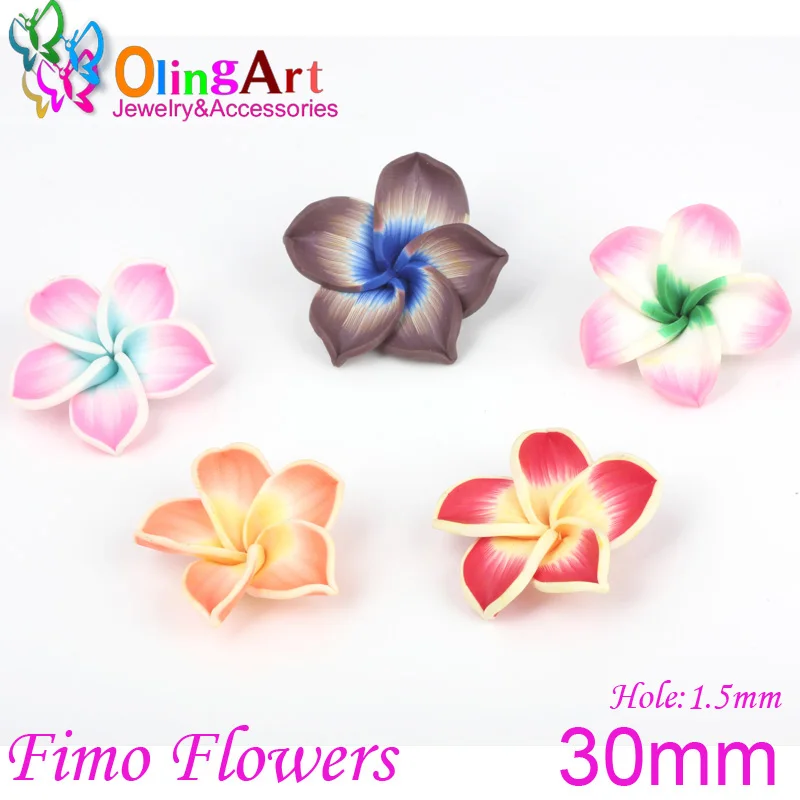 

OlingArt 30mm 12pcs/lot diy Jewelry making Beads Mixed Polymer Soft ceramic Clay 5-leaves Flower Spacer Loose Bead 2019 NEW