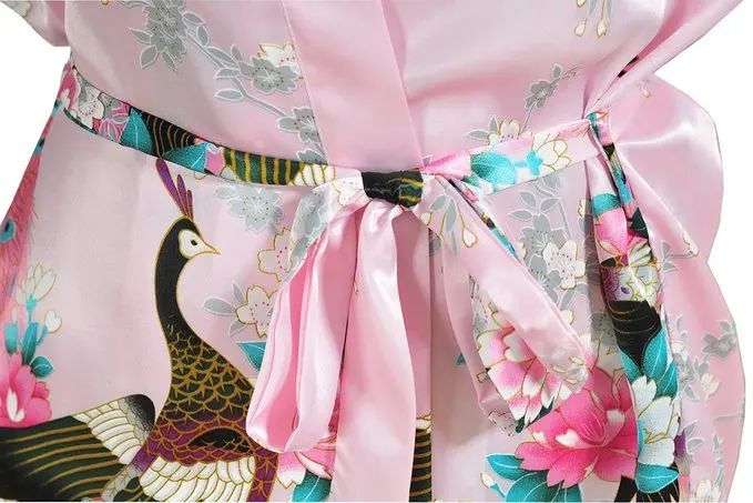 Розовое китайское женское шелковое мини-халат сексуальное кимоно банное платье