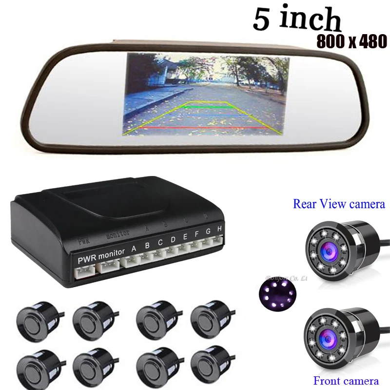 5&quotCar Mirror Monitor Visual Parking Radar System BIBI Alarm 8 Sensors IR CCD Front Camera+Rear view Camera set sensors |