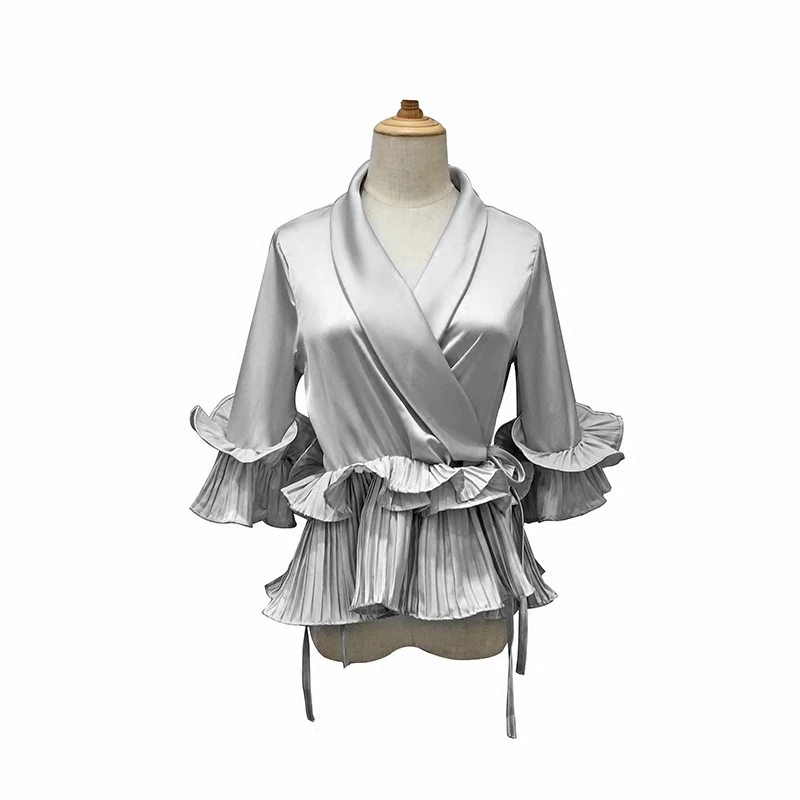 Женская атласная рубашка ALPHALMODA винтажная блузка с расклешенными рукавами