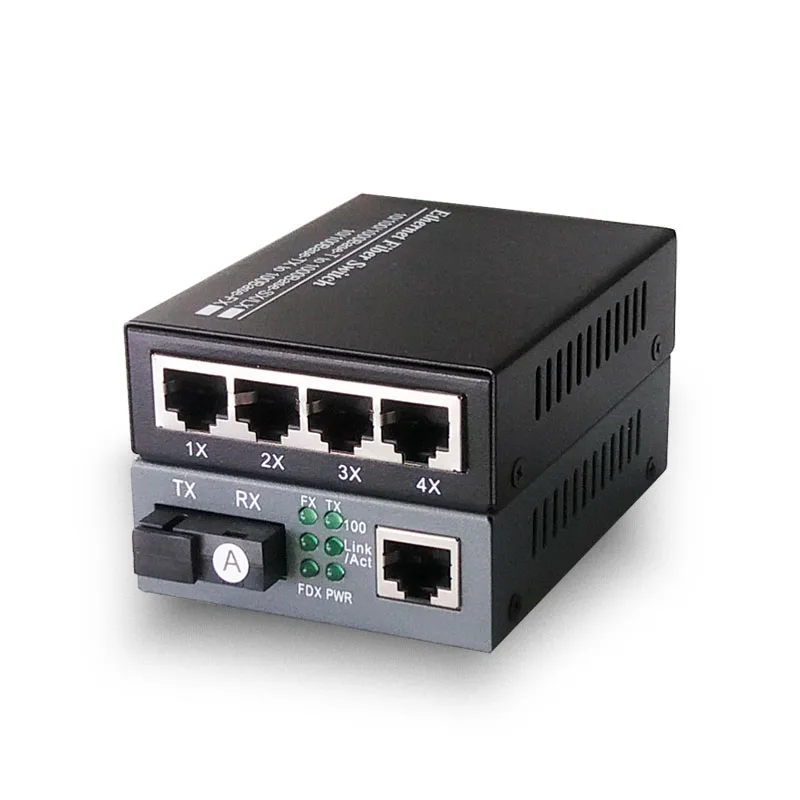 1 Пара 10/100Мбит/с Одномодовый SC Быстрый медиа-конвертер Ethernet + 10/100М Оптический конвертер 4 порта RJ45 на 1 волокно.