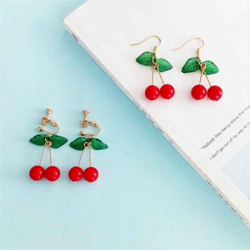 Japanese and Korean Sweet Fashion Youth Girl Student Fruit Cherry Earrings Fresh and Simple Cute Women Earrings Ear Clips gift