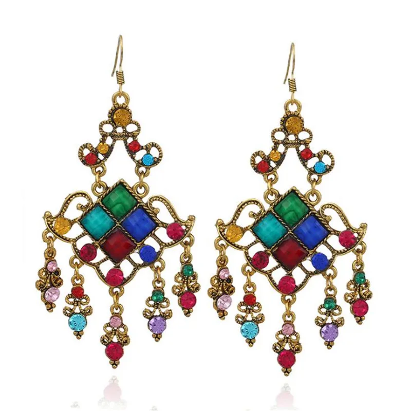 Fashion Colorful Hollow Flower Big Rhinestone Drop Earrings For Women Chic Statement Jewelry Retro Gold Color Crystal Earring | Украшения и
