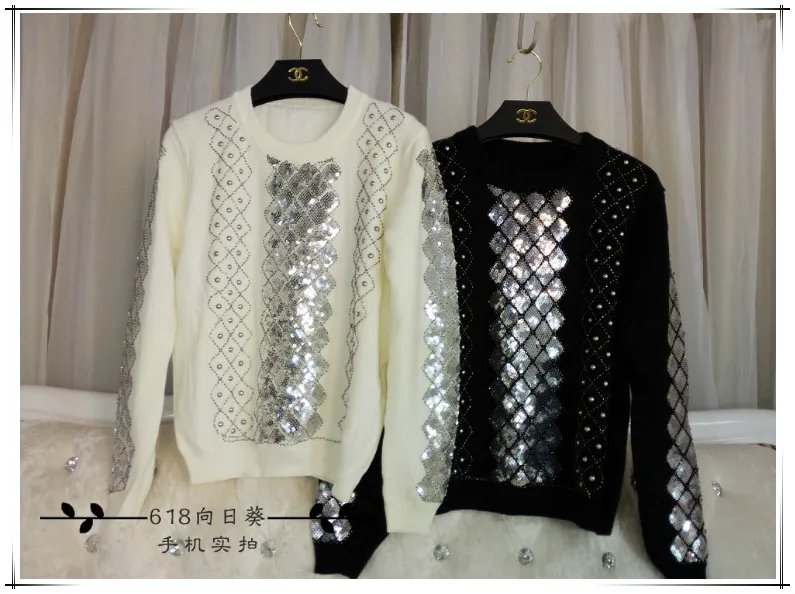 Cakucool Beading Knit Tops Women Long Sleeve O-neck Sequined Sweaters Plaids Embroid Shiny Jumpers Sweater Pullovers Female | Женская