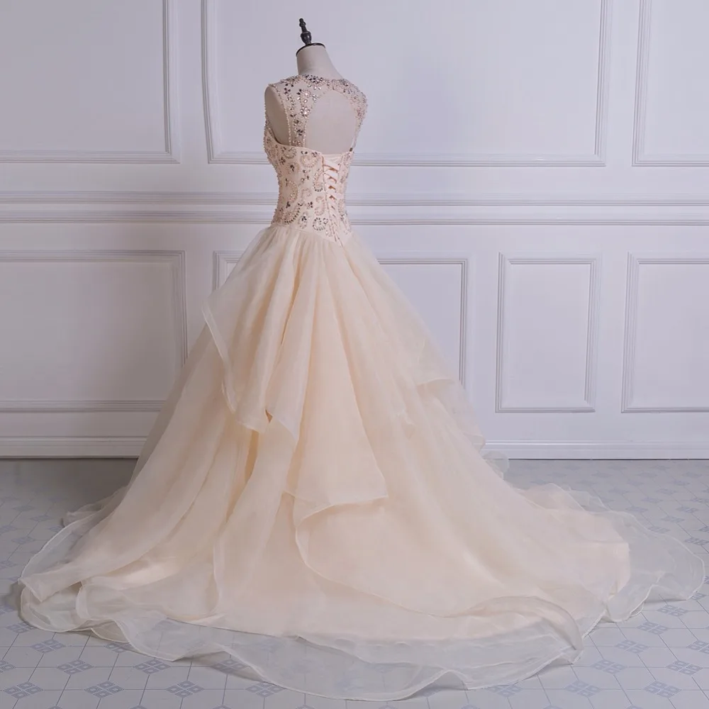 Благородный WEISS бальное платье Пышное цвета шампанского из органзы с бисером лиф