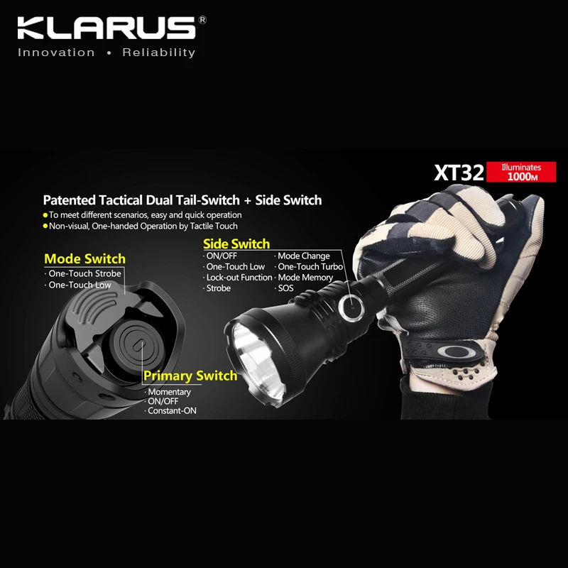 New Arrival KLARUS XT32 CREE XP-L HI V3 LED 1200 Lumens Flashlight Tactical Hunting Searchlight with 1000-meter Ultra Long-Range |