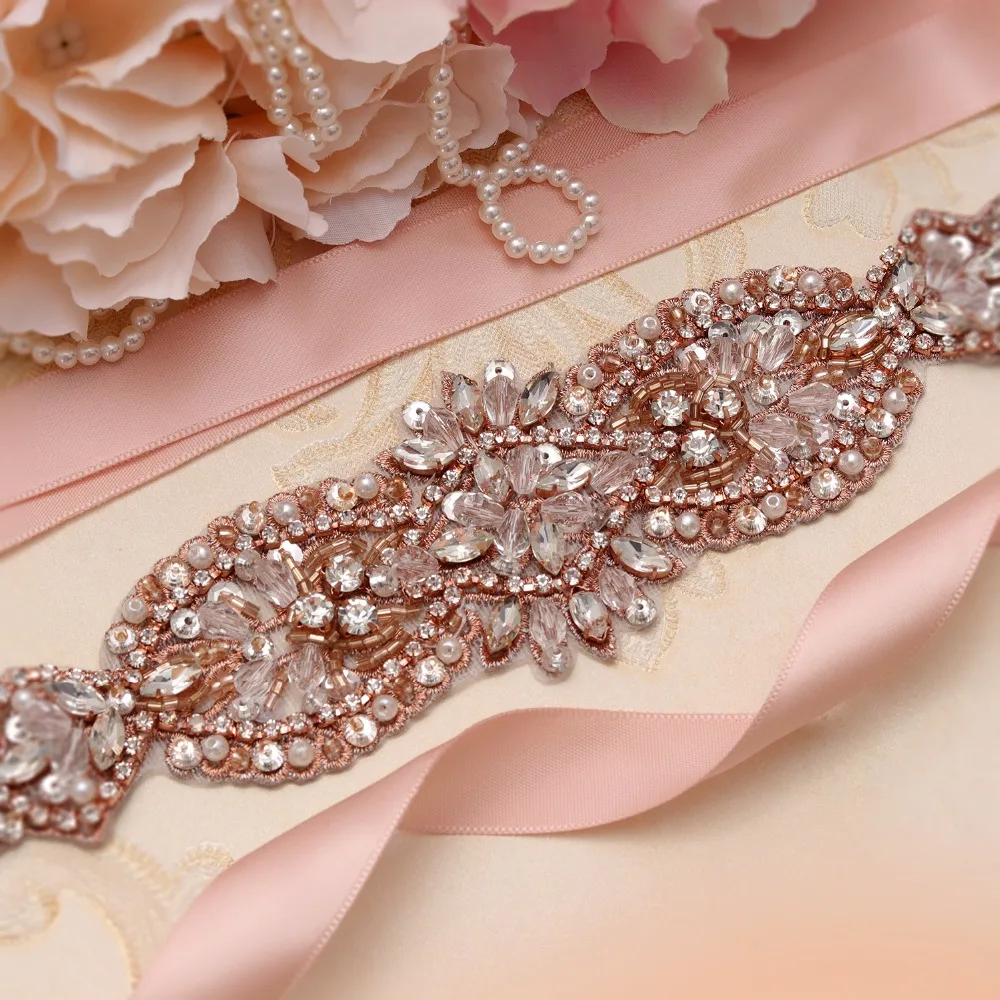 yanstar Hand Beaded Bridal Belt Rhinestones Flower Wedding Rose Gold Crystal Sash For Decoration XY864 | Свадьбы и торжества