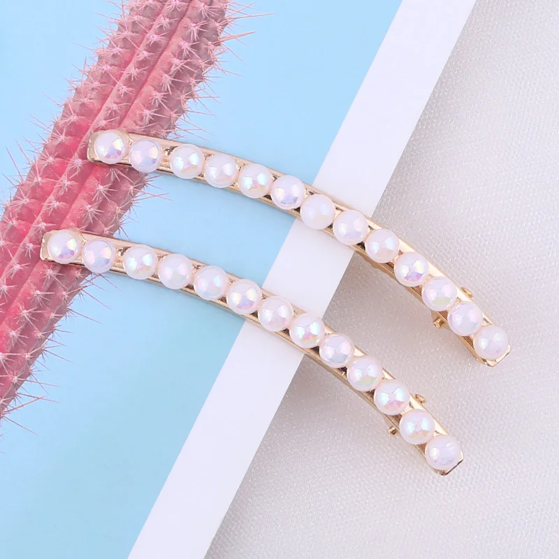 Bend clip-White 2pcs/set Pearl Flower Hair Clips Alligator Duckbill Long Hairpins Barrettes Candy Rainbow Color Hair Accessories for Women Girls - Цвет: Bend clip-White