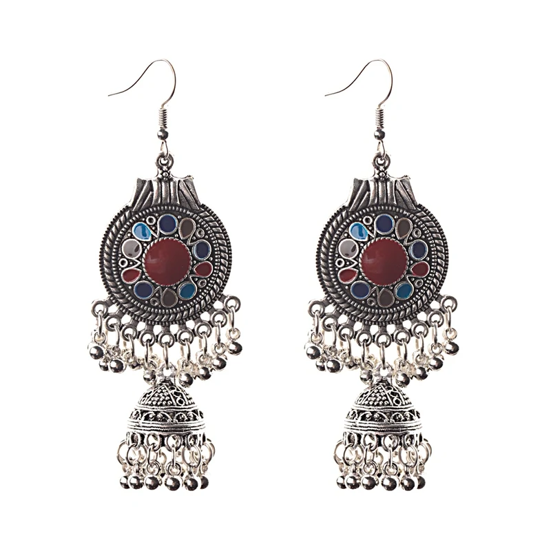 HXE052-4 TopHanqi цыганские украшения ретро этнические серебряные индийские Jhumka маленькие колокольчики масляные висячие серьги с кисточками для женщин богемные Подвески подарок - Окраска металла: HXE052-4