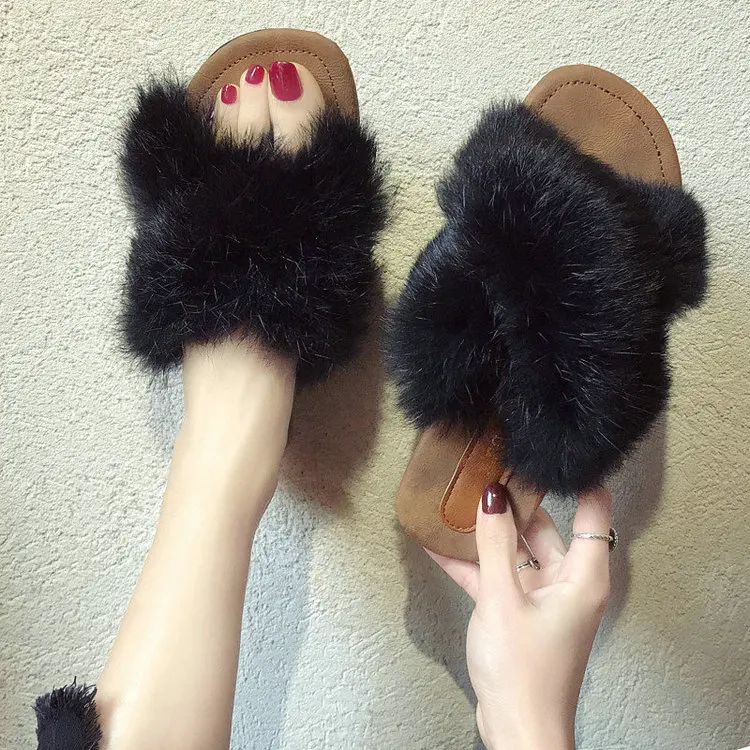 Spring Style Black Дизайн, натуральные тапочки их меха под кролика, женские меховые тапочки в Корейском стиле, модная обувь - Цвет: Spring Style Black