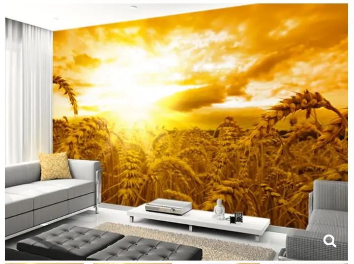 Обои на заказ с природой. Закат над пшеничным полем 3d-фотообои для гостиной