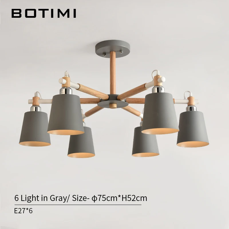 6 Light in Gray BOTIMI современный светодиодный Люстра для гостиной E27 люстры потолочные люстры с металлическим абажуром деревянные светильники для столовой - Цвет абажура: 6 Light in Gray