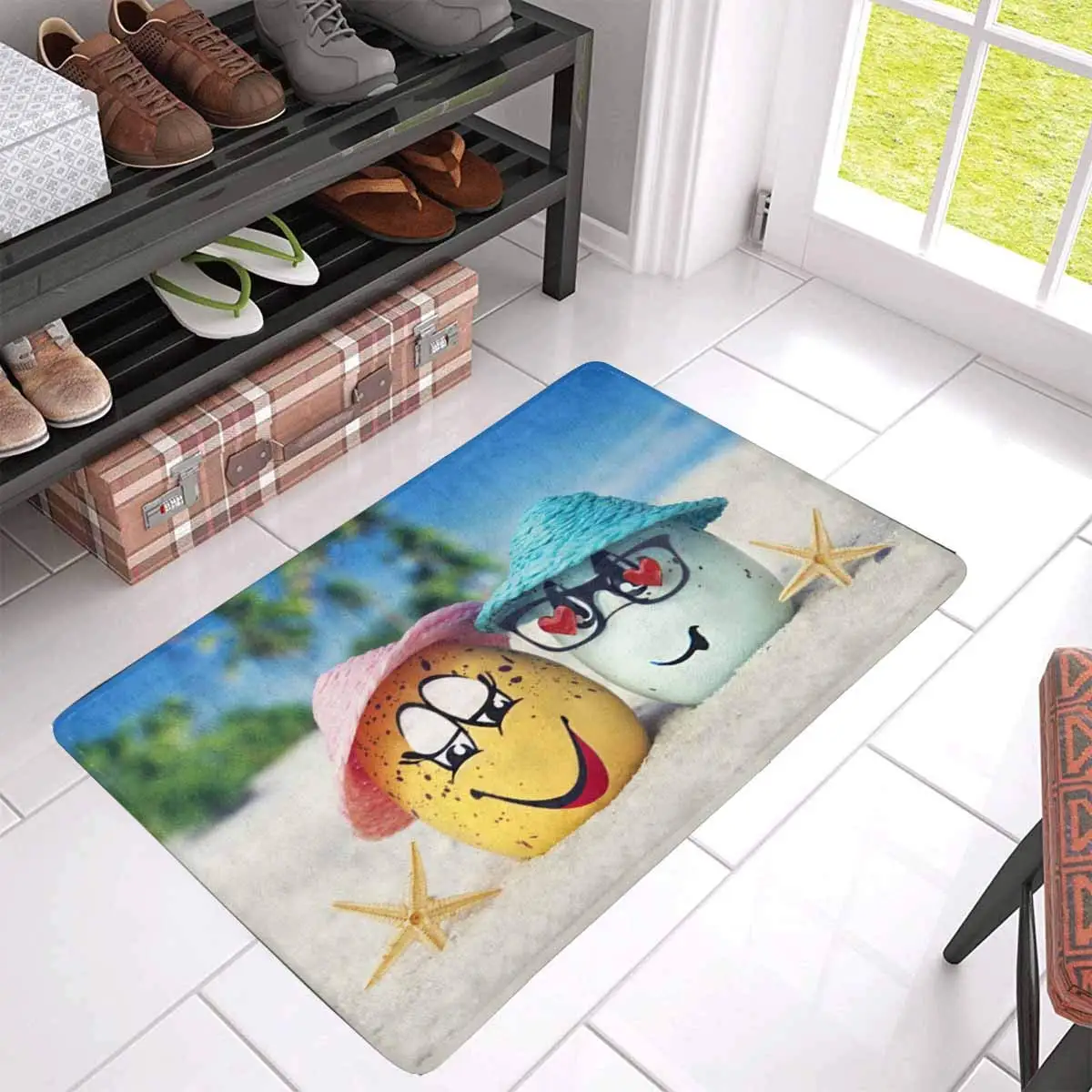 Коврик с пасхальными яйцами на берегу океана придверный коврик домашний