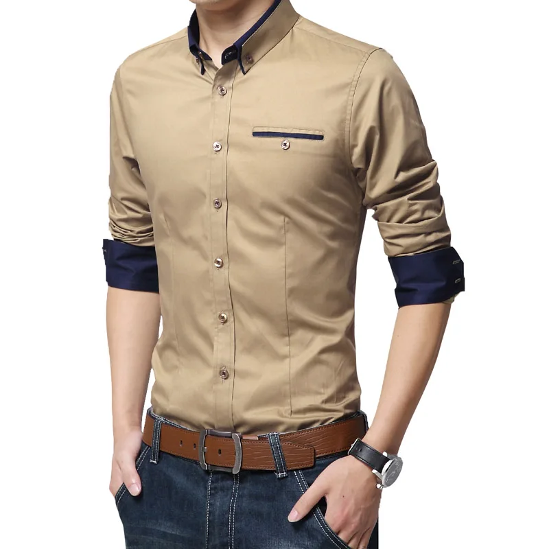 

Autumn New Fashion Solid Color Khaki White Men's Long Sleeve Shirts with Collar Slim Fit Male Social Shirt 5XL
