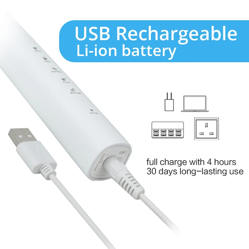 Зубная щетка аккумуляторная ультразвуковая с USB-зарядкой и насадками | Бытовая