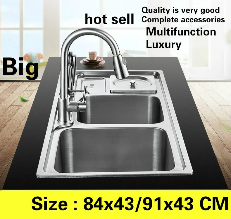 

Free shipping Apartment kitchen double groove sink vogue multifunction do the dishes 304 stainless steel hot sell 84x43/91x43 CM