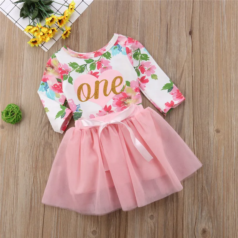 2018 Cute Pink Newborn Infant Kids Baby Girls Floral One Tops Long Sleeve Romper Tulle Tutu Dress Outfits Set 0-24M | Детская одежда и