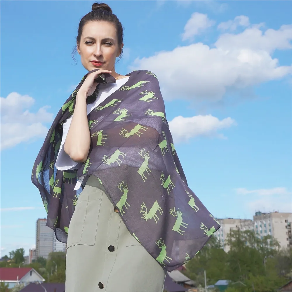 Jinjin. QC Женский Легкий Шарф Из Вискозного Шелка Зеленый Олень Печатных Шарфы И