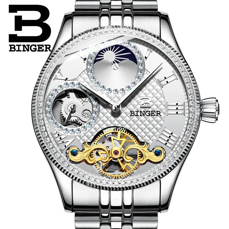 Moon Phase Automatic Wristwatches BINGER Men Mechanical Watch Tourbillon Clock relogio masculino Luxury Rhinestones waterproof|rhinestone
